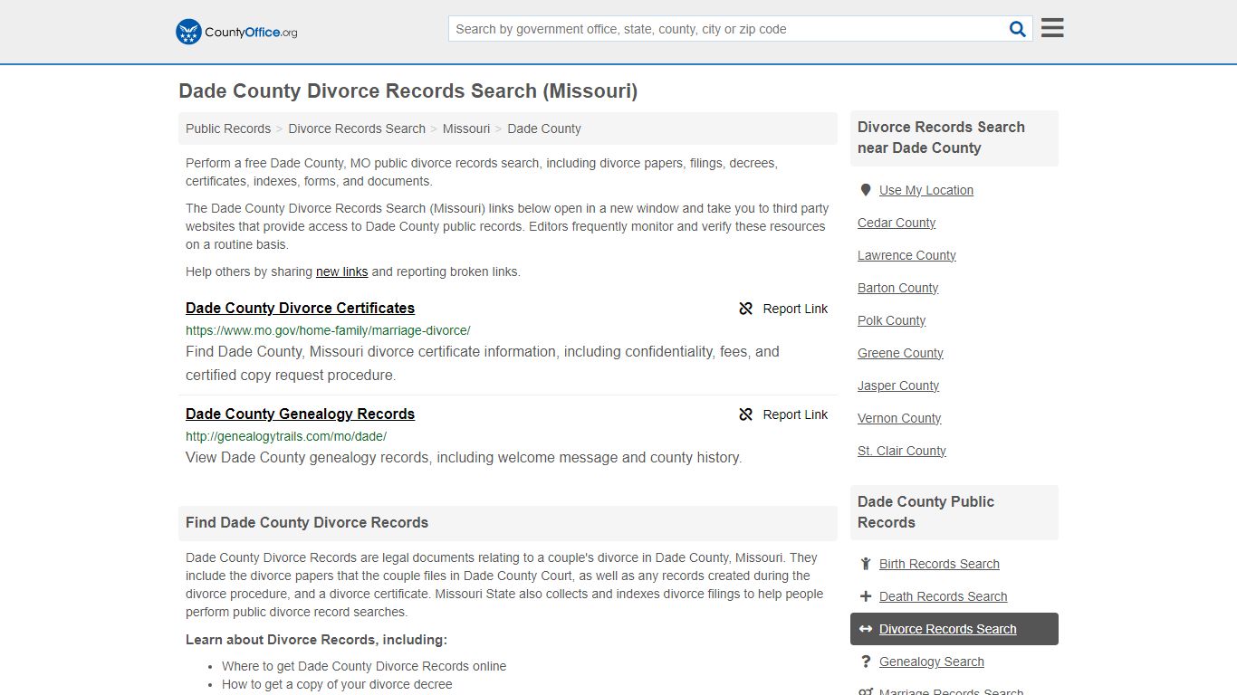 Dade County Divorce Records Search (Missouri) - County Office